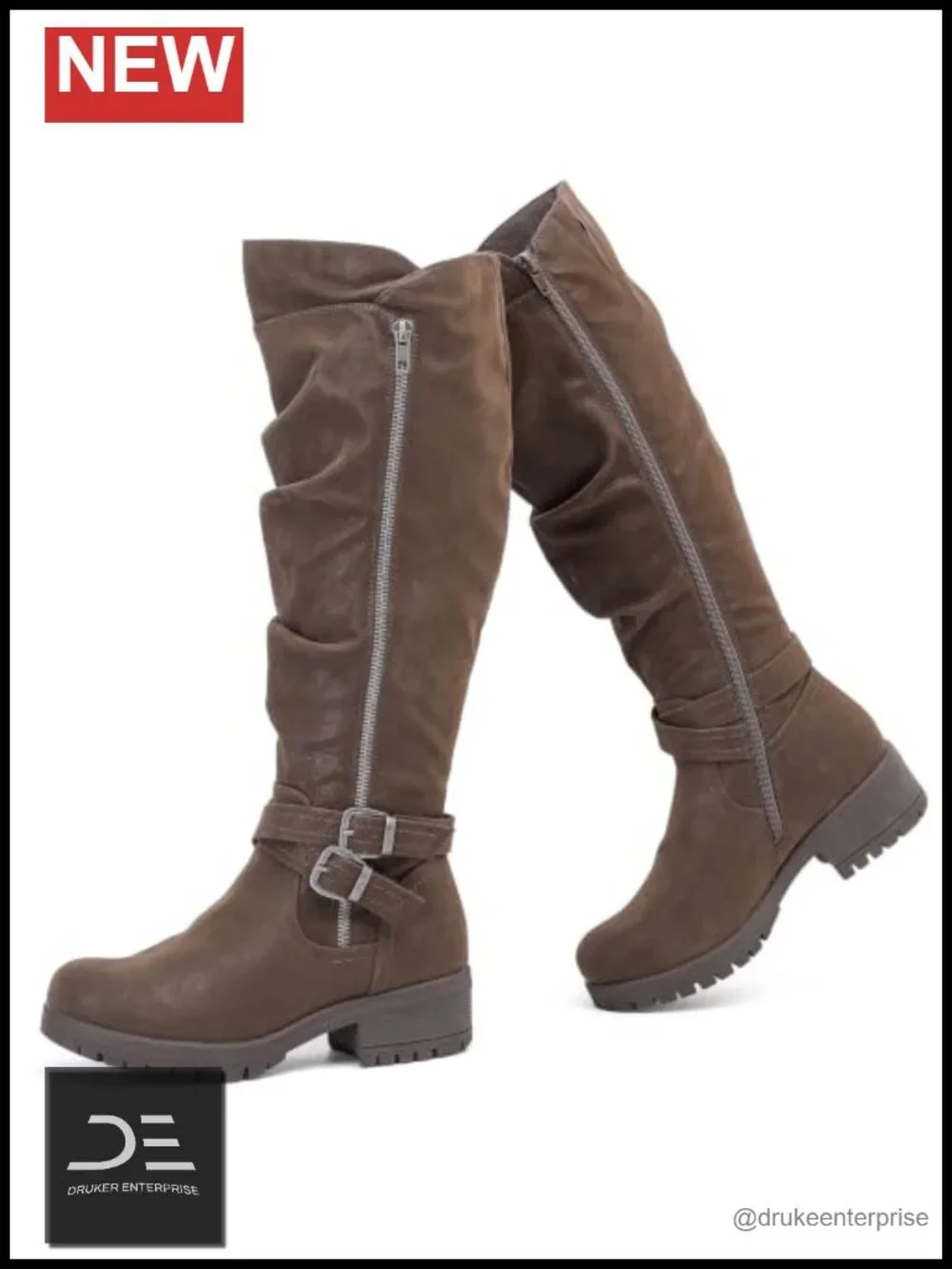 Women's Knee High Slouchy Faux Leather Boots Side Zipper Round Toe